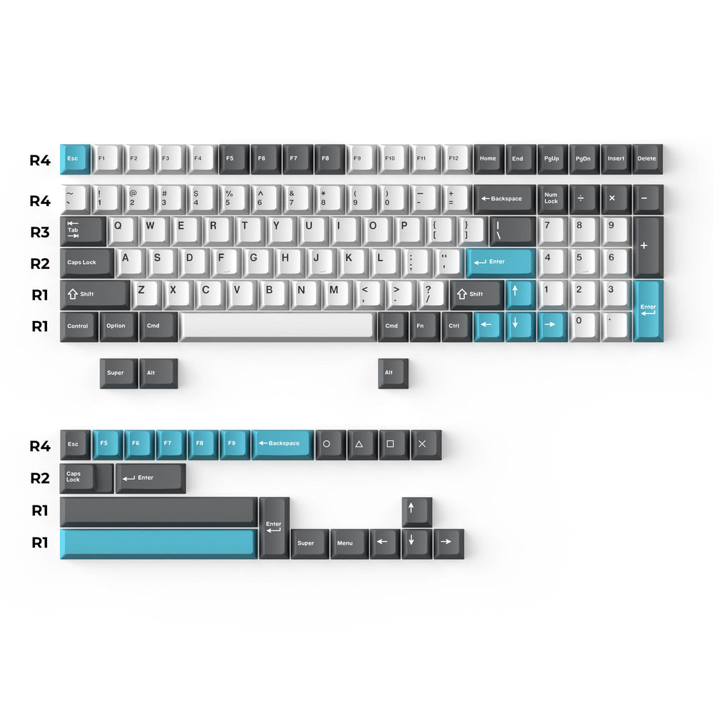 Cherry Profile Double - Shot PBT Full Set Keycaps - Grey, White, and Blue